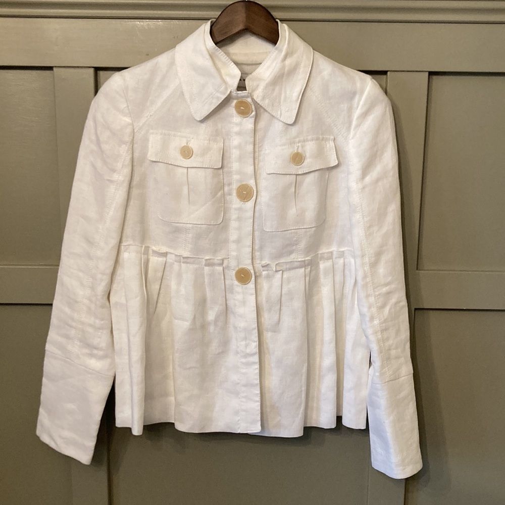 Zara 100% Linen White Button Front Pleated Blazer Jacket Size Medium